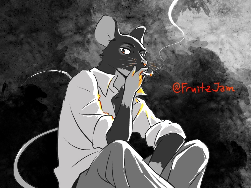 1boy, animal_ears, artist_name, cigarette, commentary, english_commentary, fruitz_(fruitzjam), furry