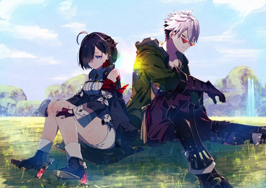 1boy, 1girl, atelier_(series), atelier_yumia, bare_shoulders, black_coat, black_hair, breasts