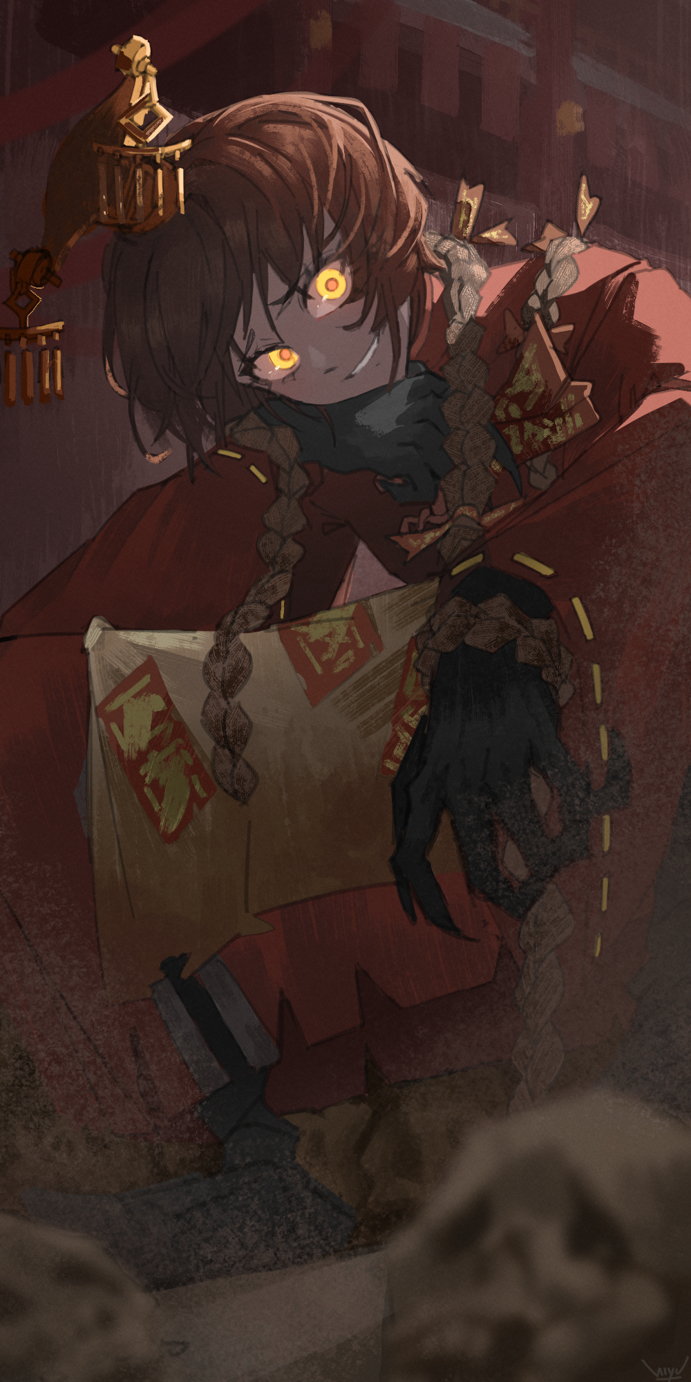 1boy, black_gloves, black_shoes, blurry, blurry_foreground, braid, brown_hair, chinese_clothes