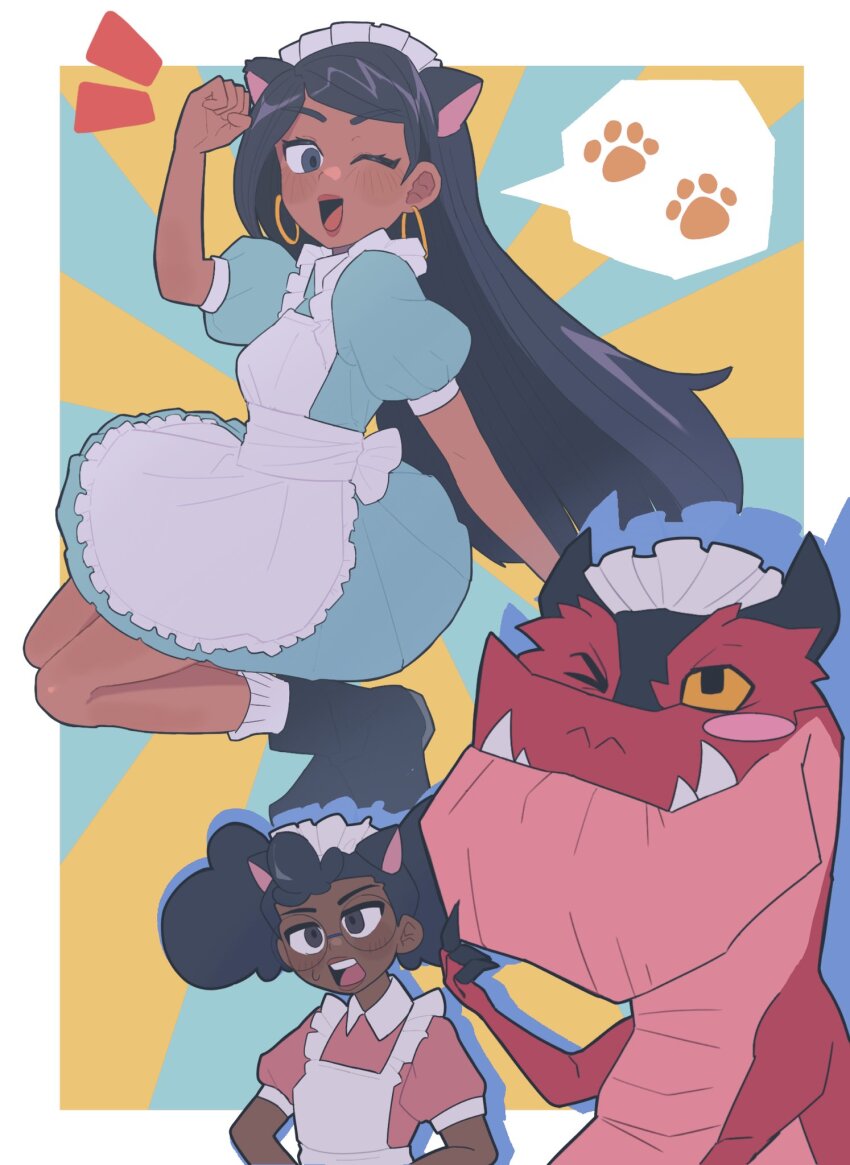 1boy, 2girls, alternate_costume, animification, belt, black_hair, boots, casey_calderon, devil_dinosaur, dinosaur, dress, earrings, english_text, full_body, goggles, helmet, highres, hoop_earrings, jewelry, long_hair, lunella_lafayette, maid_headdress, moon_girl_and_devil_dinosaur, multiple_girls, nanase_(trfok1), one_eye_closed, roller_skates, short_hair, skates, solo, tan, very_long_hair