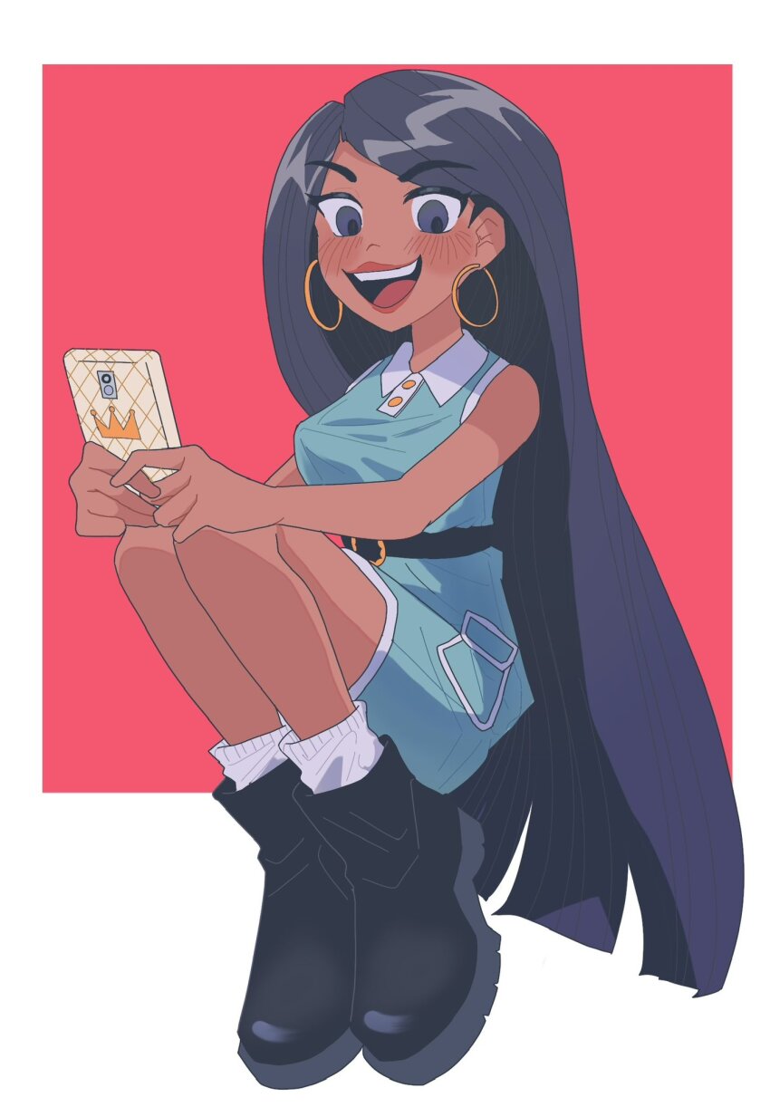 1girl, animification, belt, black_hair, boots, casey_calderon, dress, earrings