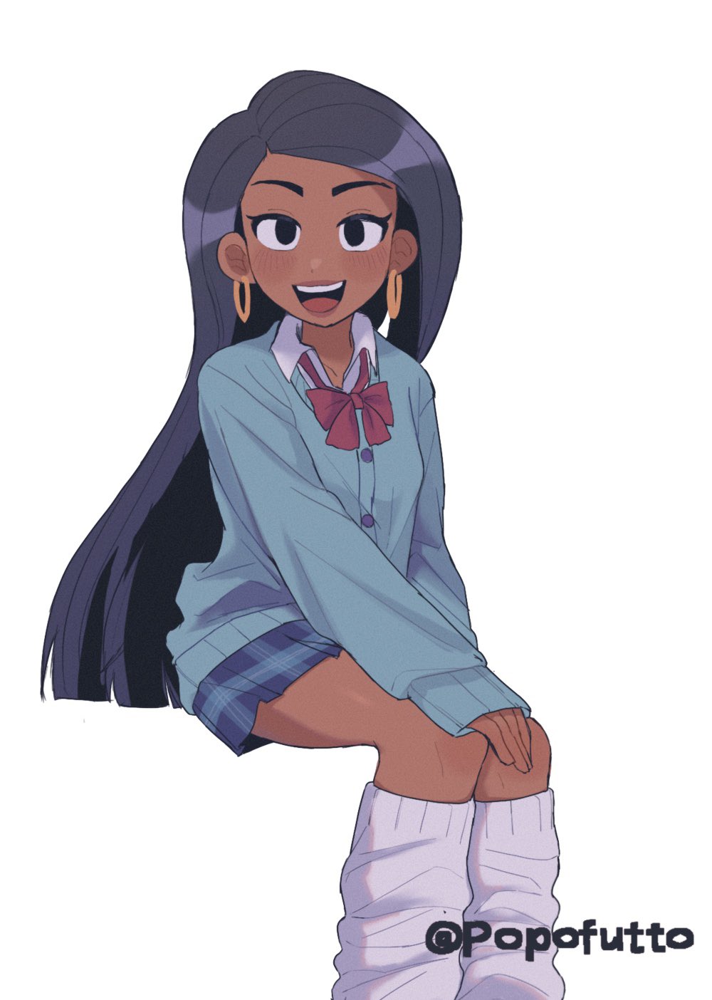 1girl, alternate_costume, animification, belt, black_hair, bow, casey_calderon, earrings, full_body, highres, hoop_earrings, jewelry, moon_girl_and_devil_dinosaur, nanase_(trfok1), school_uniform, simple_background, sitting, skirt, solo, tan, white_background