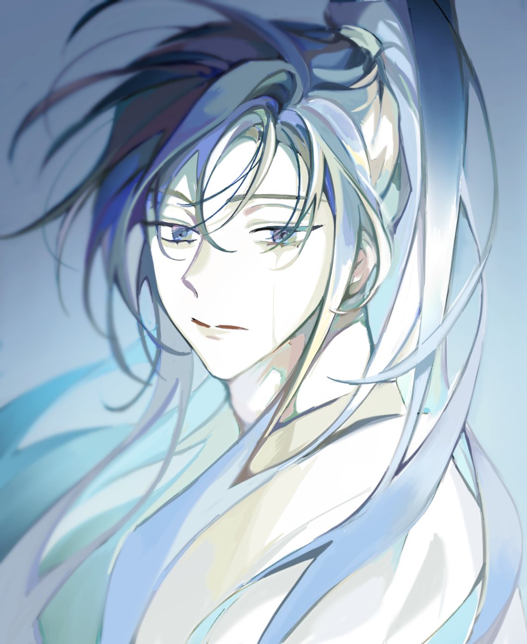 1boy, blue_background, blue_eyes, blue_hair, blurry, blurry_background, chinese_clothes, closed_mouth