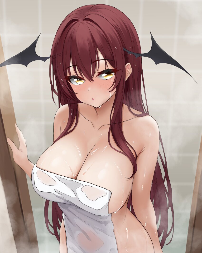 1girl, absurdres, addie_wyvernhart, aegis-link, black_wings, blush, breasts, cleavage, collarbone, commentary, english_commentary, head_wings, highres, large_breasts, long_hair, naked_towel, nau_aru, red_hair, second-party_source, solo, steam, towel, virtual_youtuber, wet, wet_hair, wings, yellow_eyes
