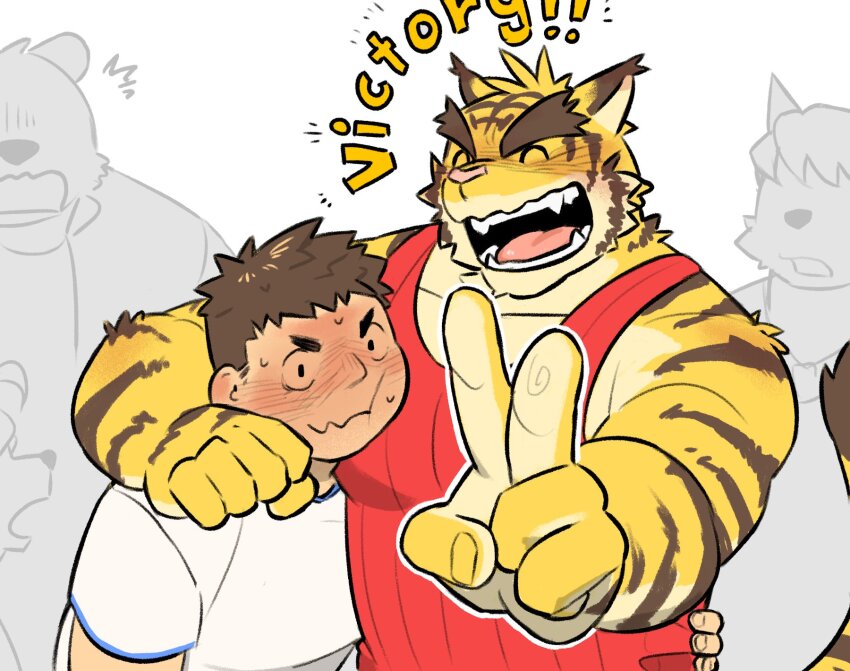 5boys, animal_ears, bear_boy, bear_ears, blush, closed_eyes, commentary_request, dated_commentary, dog_boy, dog_ears, facing_viewer, fangs, furry, furry_male, highres, juuichi_mikazuki, korean_commentary, kouya_aotsuki, male_focus, morenatsu, multiple_boys, open_mouth, peula_(pteragon), red_shirt, red_tank_top, shirt, shun_kodori, sleeveless, sleeveless_shirt, surprised, tail, tank_top, tiger_boy, tiger_ears, tiger_stripes, tiger_tail, torahiko_oshima, upper_body, v, wavy_mouth, white_background, white_shirt, wolf_boy