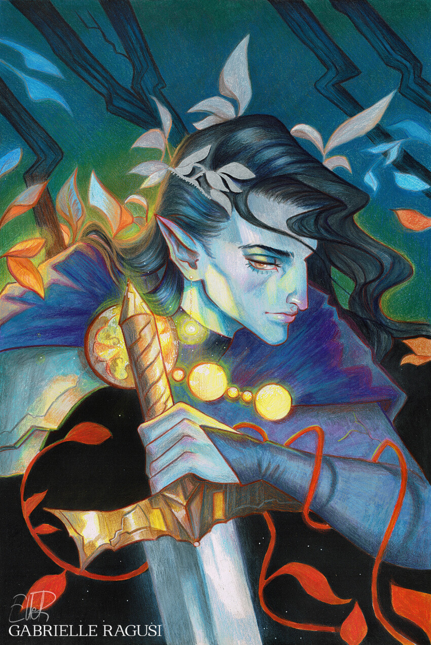 1boy, armor, black_hair, blue_skin, cape, closed_mouth, colored_pencil_(medium), colored_skin