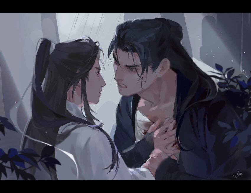 2boys, bandaged_chest, bandages, black_hair, black_hanfu, blood, bloody_bandages, chinese_clothes