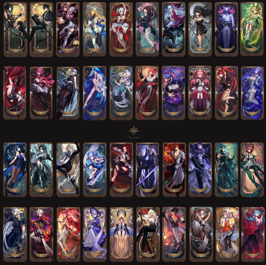 6+boys, 6+girls, aalto_(wuthering_waves), absolutely_everyone, absurdres, artist_logo, ass, baizhi_(wuthering_waves), bandaged_hand, bandages, bare_shoulders, black_bodysuit, black_dress, black_hair, black_hat, black_horns, black_jacket, black_pants, black_pantyhose, black_shirt, black_skirt, blue_flower, blue_hat, blue_shirt, blue_veil, bodysuit, brant_(wuthering_waves), breasts, brown_hair, calcharo_(wuthering_waves), camellya_(wuthering_waves), cantarella_(wuthering_waves), card_(medium), carlotta_(wuthering_waves), cartethyia_(wuthering_waves), changli_(wuthering_waves), chixia_(wuthering_waves), ciaccona_(wuthering_waves), coat, colored_extremities, commentary, curled_horns, danjin_(wuthering_waves), dress, encore_(wuthering_waves), english_commentary, everyone, female_rover_(wuthering_waves), flower, fur-trimmed_jacket, fur_trim, geshu_lin_(wuthering_waves), green_dress, green_hair, green_kimono, grey_hair, hadanugi_dousa, hair_flower, hair_ornament, hand_wraps, hat, highres, holding, holding_sword, holding_weapon, horns, jacket, japanese_clothes, jianxin_(wuthering_waves), jinhsi_(wuthering_waves), jiyan_(wuthering_waves), kimono, large_breasts, lingyang_(wuthering_waves), logo, long_hair, lumi_(wuthering_waves), lupa_(wuthering_waves), male_rover_(wuthering_waves), margherita_(wuthering_waves), midriff, mortefi_(wuthering_waves), multiple_boys, multiple_girls, open_clothes, open_kimono, open_shirt, pants, pantyhose, phoebe_(wuthering_waves), phrolova_(wuthering_waves), pink_hair, pink_jacket, pointy_ears, red_coat, red_dress, red_hair, red_hands, red_sash, roccia_(wuthering_waves), rosemary_(wuthering_waves), rover_(wuthering_waves), sanhua_(wuthering_waves), sash, scar_(wuthering_waves), shirt, shorekeeper_(wuthering_waves), skirt, steve_zheng, sword, tabard, tacet_mark_(wuthering_waves), tail, taoqi_(wuthering_waves), tree_horns, tricorne, veil, verina_(wuthering_waves), very_long_hair, weapon, white_bodysuit, white_coat, white_dress, white_hair, white_hat, white_pants, white_pantyhose, white_shirt, white_skirt, white_tabard, wolf_tail, wuthering_waves, xiangli_yao_(wuthering_waves), yangyang_(wuthering_waves), yinlin_(wuthering_waves), youhu_(wuthering_waves), yuanwu_(wuthering_waves), zani_(wuthering_waves), zhezhi_(wuthering_waves)