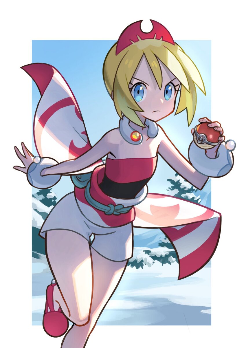 1girl, bare_shoulders, blue_eyes, closed_mouth, commentary_request, hair_ornament, highres, hisuian_poke_ball