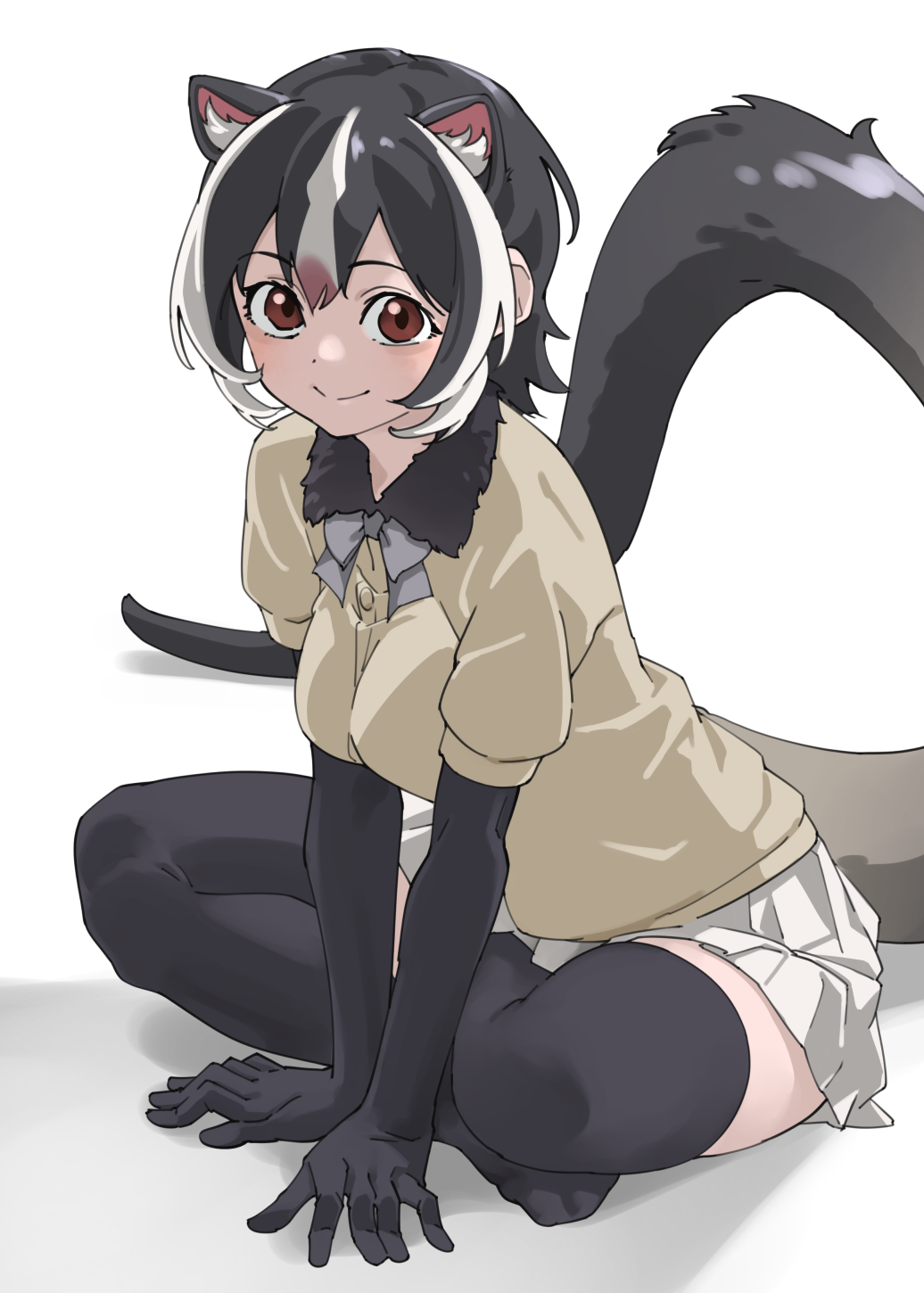1girl, animal_ear_fluff, animal_ears, black_fur, black_gloves, black_hair, black_thighhighs, blush, bow, bowtie, brown_eyes, commentary, crossed_legs, elbow_gloves, extra_ears, fur_collar, gloves, grey_bow, grey_bowtie, hair_between_eyes, highres, kemono_friends, looking_at_viewer, masked_palm_civet_(kemono_friends), multicolored_hair, no_shoes, pink_hair, pleated_skirt, puffy_short_sleeves, puffy_sleeves, short_sleeves, sidelocks, simple_background, sitting, skirt, smile, solo, streaked_hair, sweater, tail, tanabe_(fueisei), thighhighs, white_hair, white_skirt, yellow_sweater, zettai_ryouiki