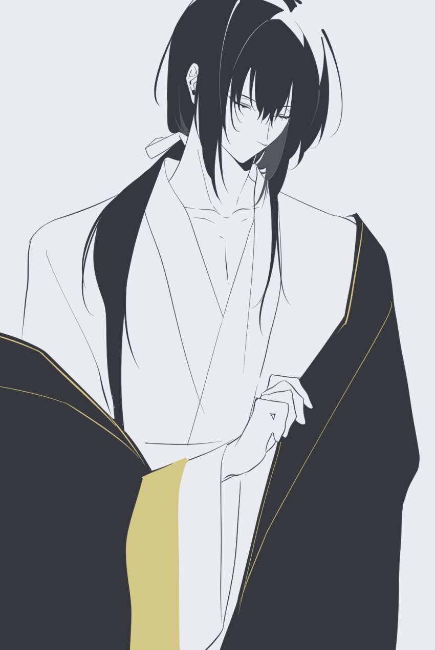 1boy, chinese_clothes, closed_eyes, clothes_tug, hair_ribbon, hanfu, highres, jinhongi