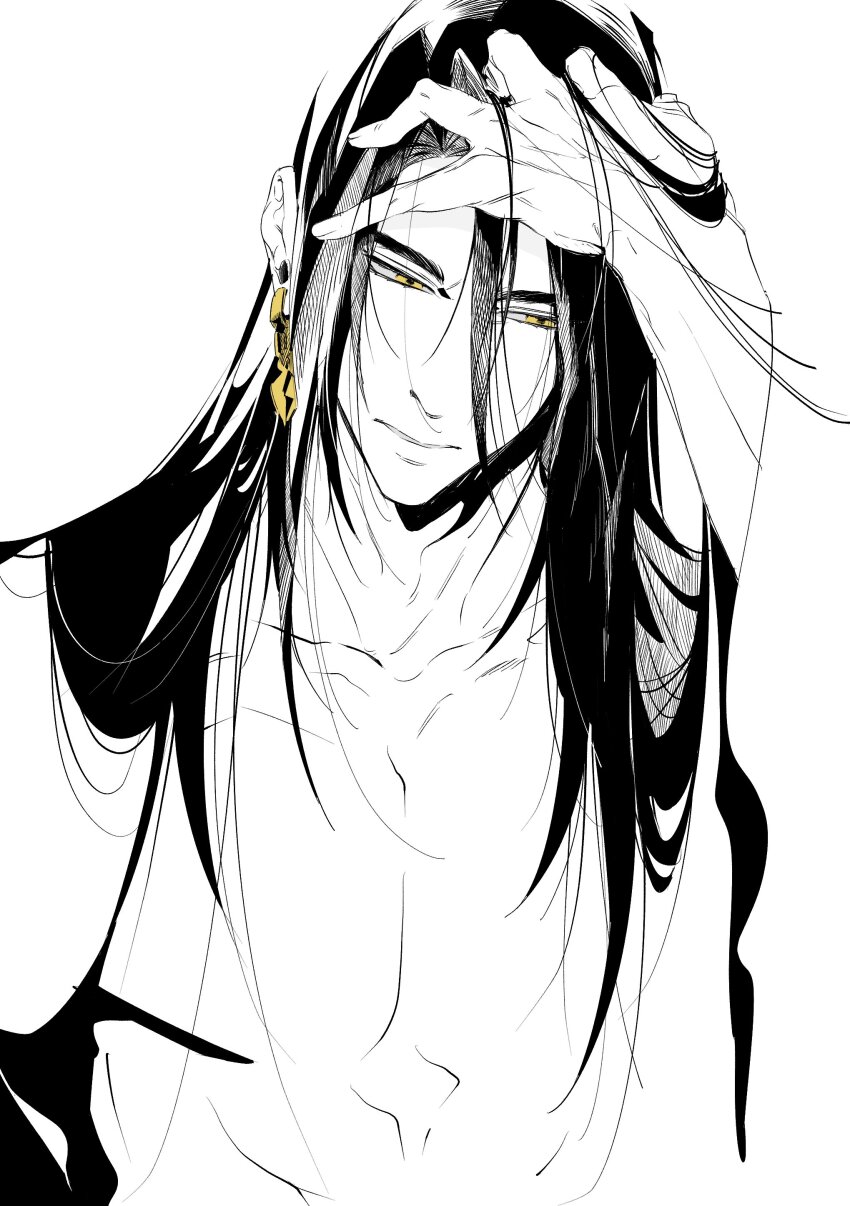 1boy, absurdres, bare_pectorals, clenched_teeth, collarbone, earrings, gold_earrings, hair_down