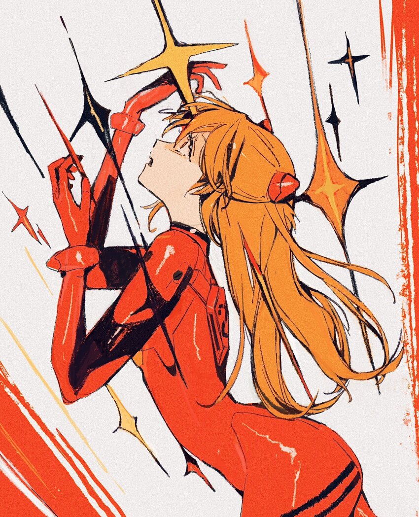 1girl, bodysuit, breasts, cowboy_shot, highres, interface_headset_(evangelion), long_hair, looking_up, mecha_pilot_suit, mitsubachi_(roundbee), neon_genesis_evangelion, open_mouth, orange_hair, plugsuit_(evangelion), red_bodysuit, shiny_clothes, solo, souryuu_asuka_langley, sparkle, wide_hips