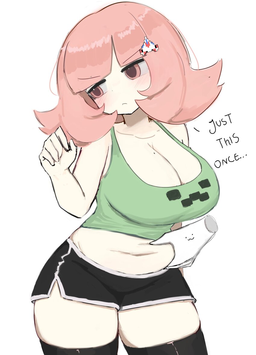 1girl, bare_shoulders, black_shorts, black_thighhighs, breasts, cleavage, creeper, danganronpa_(series)