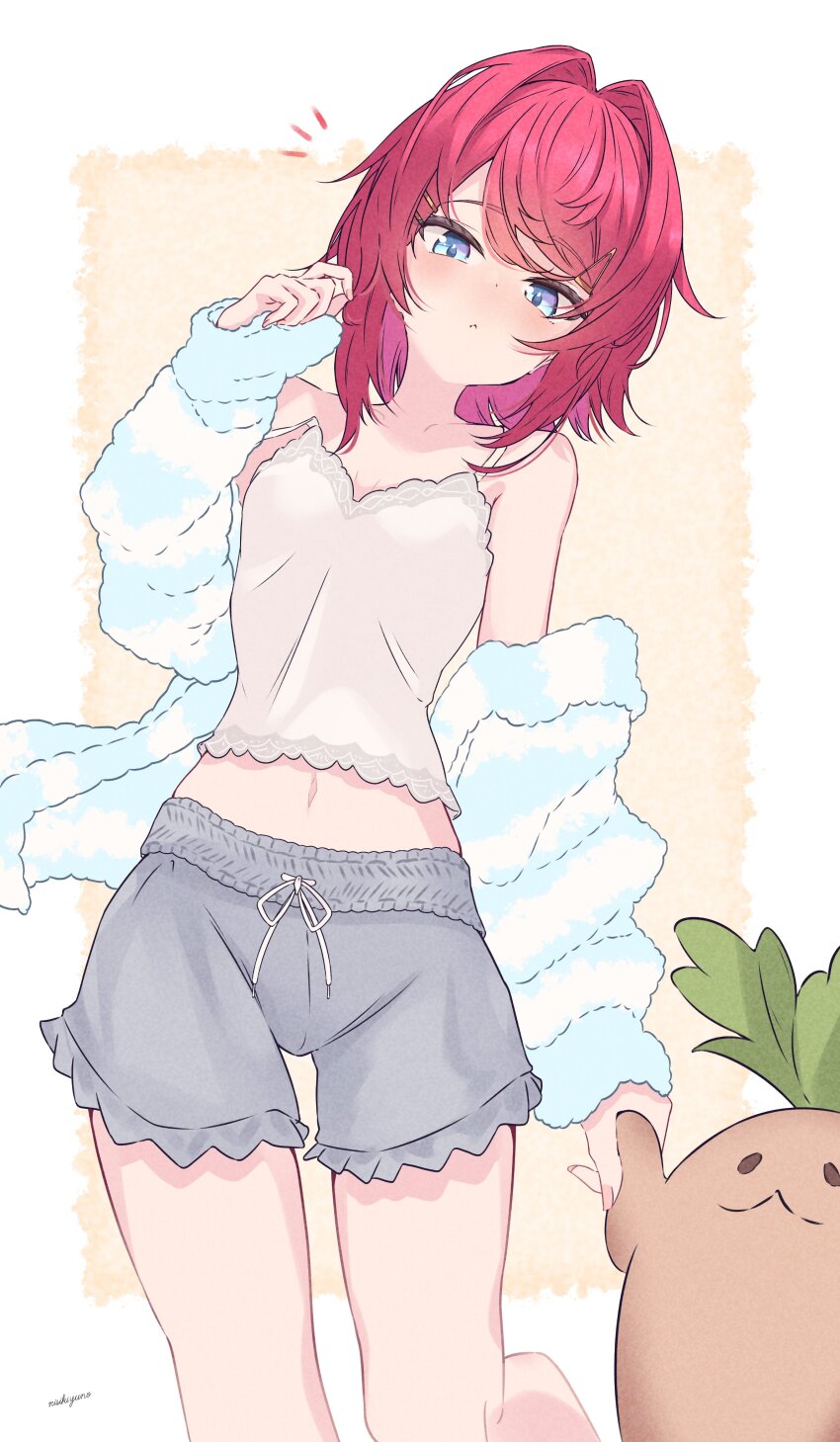 1girl, :<, absurdres, ange_katrina, ange_katrina_(loungewear), armpit_crease, artist_name, bare_shoulders