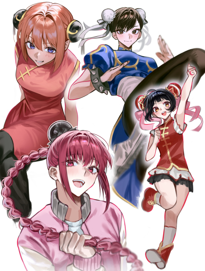 4girls, absurdres, black_hair, blue_eyes, blush, bracelet, braid, braided_ponytail, breasts, brown_hair, brown_pants, capcom, china_dress, chinese_clothes, chun-li, closed_mouth, commentary, country_connection, crossed_legs, crossover, dress, fighting_stance, full_body, gintama, gomang1201, grin, hand_in_own_hair, highres, jacket, jewelry, kagura_(gintama), leg_up, long_hair, long_sleeves, looking_at_viewer, lu_xiaotang, ming_ming_(talesrunner), multiple_crossover, multiple_girls, open_mouth, orange_hair, pants, pink_jacket, puffy_short_sleeves, puffy_sleeves, red_dress, red_eyes, red_hair, sakamoto_days, shirt, short_hair, short_sleeves, sidelocks, simple_background, small_breasts, smile, spiked_bracelet, spikes, street_fighter, talesrunner, teeth, tongue, trait_connection, twin_braids, upper_teeth_only, white_background, white_shirt