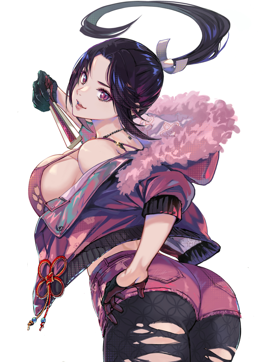 1girl, alternate_costume, black_hair, black_pantyhose, breasts, cleavage, denim, denim_shorts