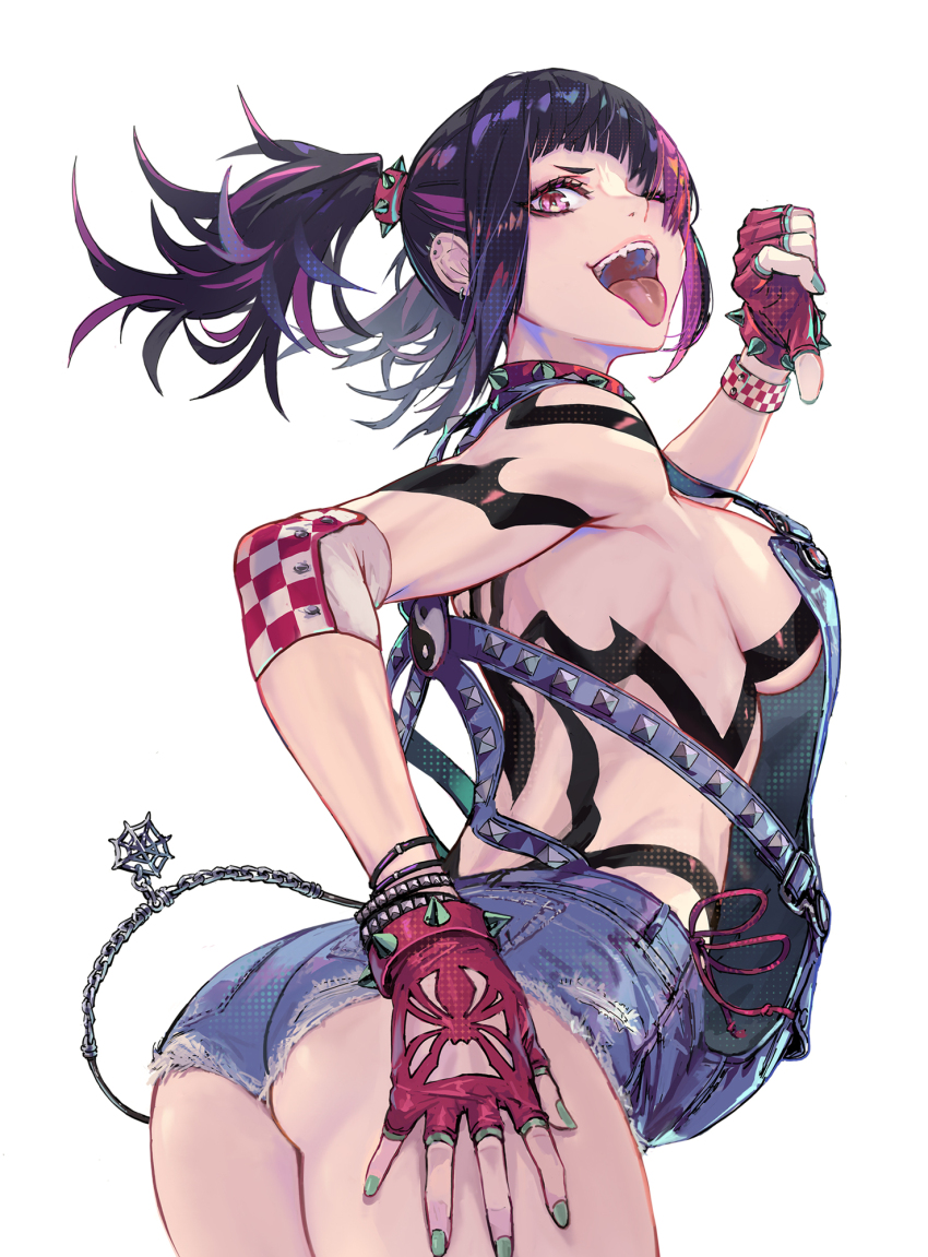 1girl, alternate_costume, black_hair, breasts, capcom, collar, denim, denim_shorts, female_focus, from_behind, han_juri, hand_on_own_thigh, highres, looking_at_viewer, looking_back, medium_breasts, rinzo, short_shorts, shorts, sideboob, simple_background, smile, solo, spiked_collar, spikes, street_fighter, street_fighter_6, thumbs_down, tongue, tongue_out, twintails, white_background