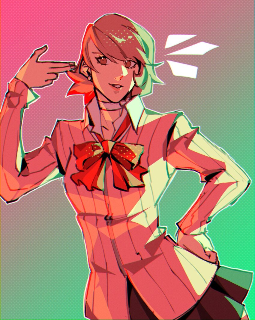 1girl, bow, bowtie, brown_eyes, brown_hair, cardigan, choker, crocrubies