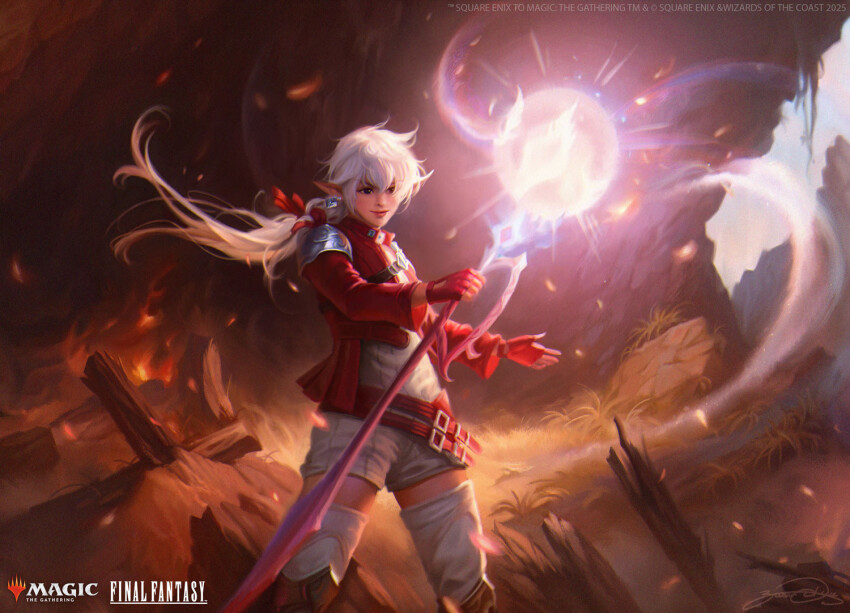 1girl, alisaie_leveilleur, commentary, copyright_name, crystal, elezen, elf, embers, english_commentary, final_fantasy, final_fantasy_xiv, fire, glowing, holding, holding_sword, holding_weapon, jacket, justyna_dura, looking_at_viewer, magic:_the_gathering, official_art, pointy_ears, red_jacket, red_mage_(final_fantasy), solo, standing, sword, thighhighs, weapon, white_hair