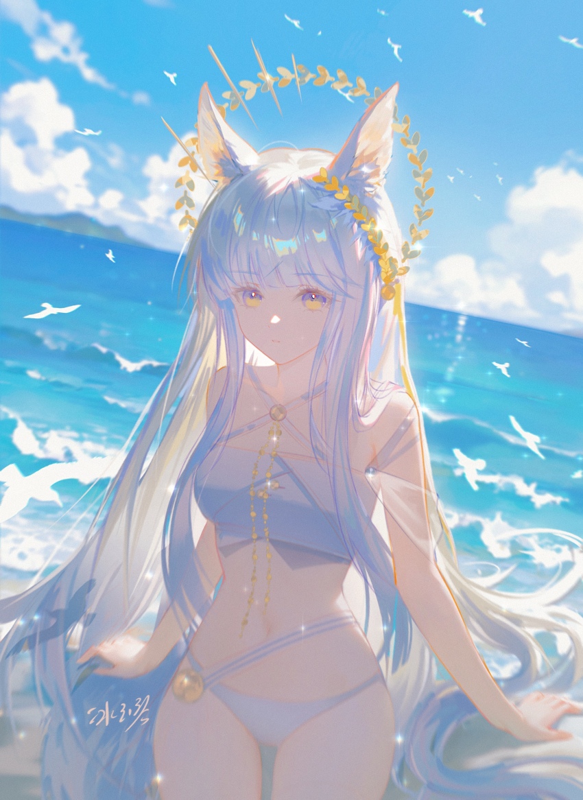 1girl, absurdres, alternate_costume, animal_ear_fluff, animal_ears, arknights, bare_arms, bare_shoulders