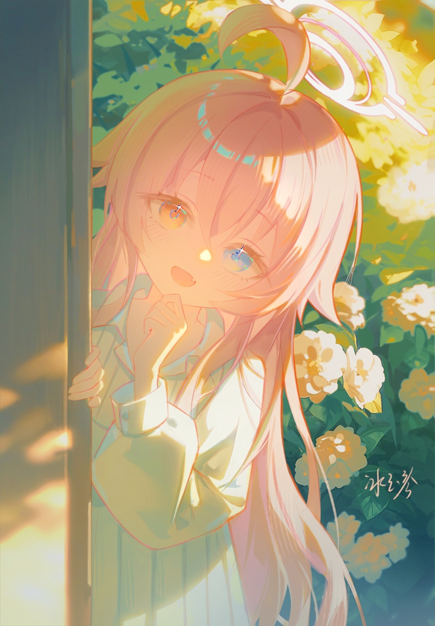 1girl, absurdres, ahoge, alternate_costume, bingyuqin, blue_archive, blue_eyes, fang, hair_between_eyes, heterochromia, highres, hoshino_(blue_archive), jacket, long_hair, looking_at_viewer, open_mouth, pink_hair, shirt, sidelocks, skirt, solo, white_shirt, white_skirt, yellow_eyes, yellow_jacket