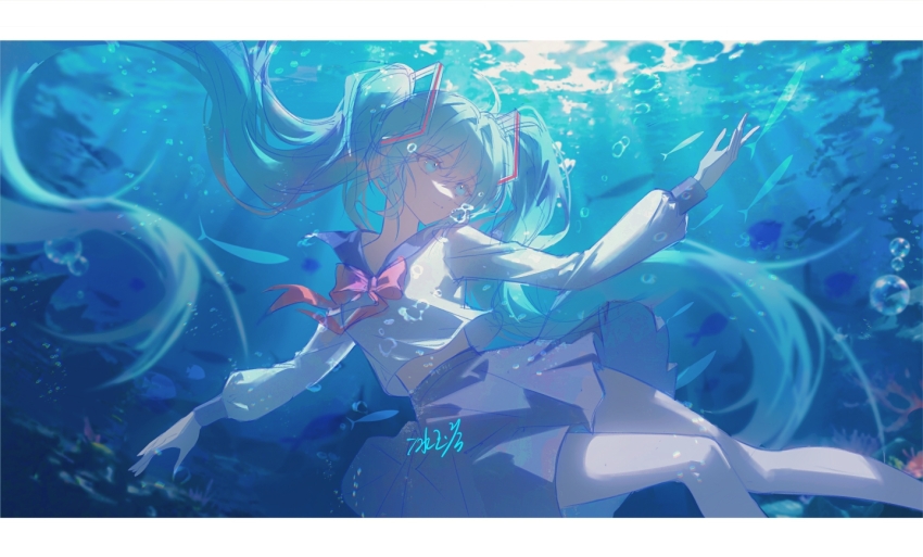 1girl, bingyuqin, blue_eyes, blue_hair, blue_sailor_collar, blue_skirt, bow, closed_mouth