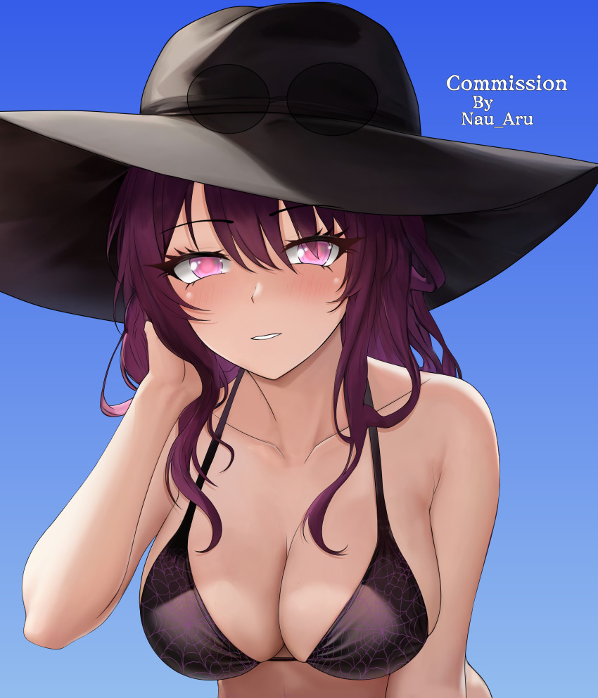 1girl, absurdres, artist_name, bikini, black_bikini, black_hat, blush, breasts