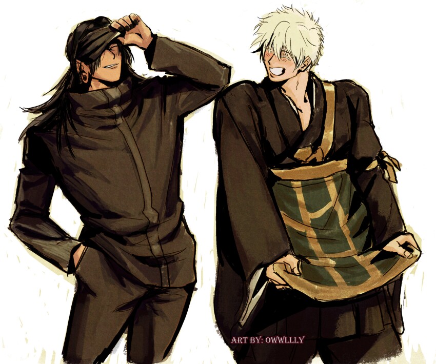 2boys, baggy_clothes, black_hair, black_pants, blindfold, blindfold_lift, cosplay, costume_switch