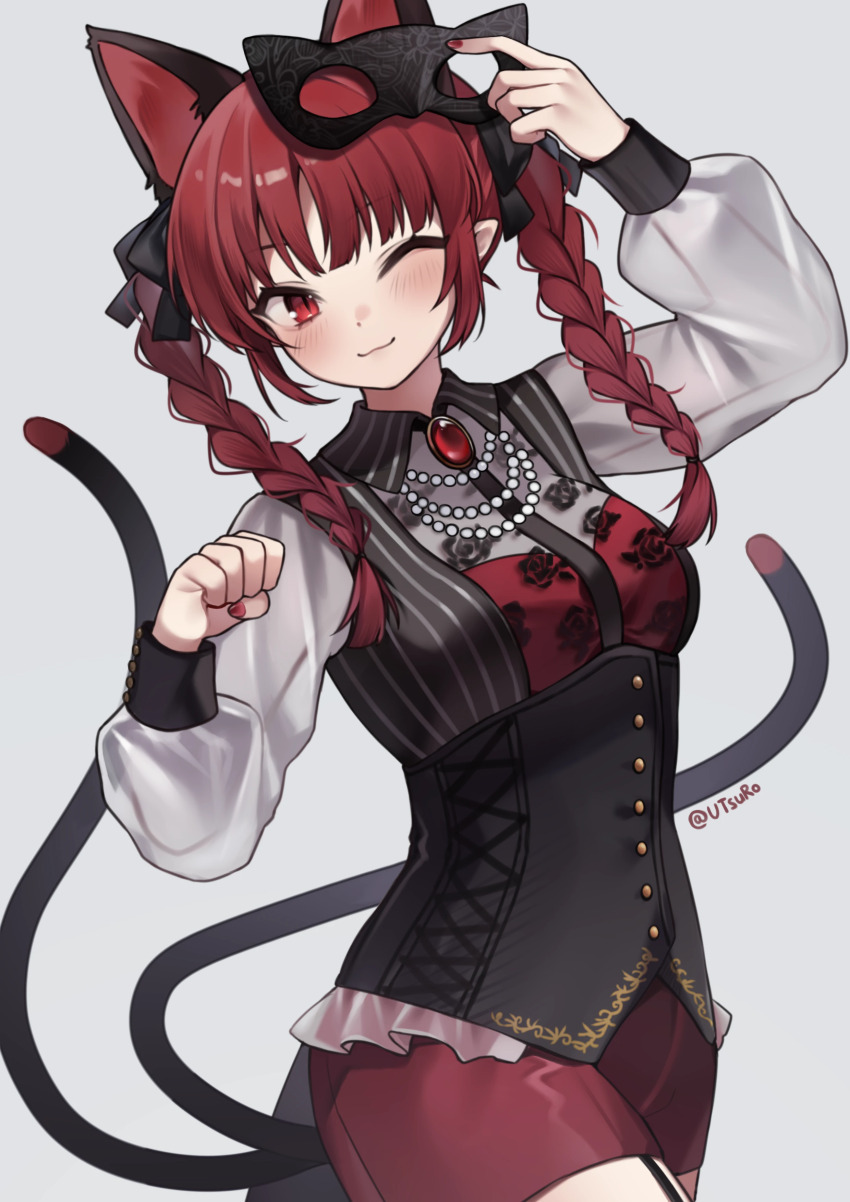 1girl, absurdres, amoris_(bang_dream!), animal_ears, bang_dream!, bang_dream!_it's_mygo!!!!!, braid, brooch, cat_ears, cat_girl, cat_tail, cosplay, highres, holding, holding_mask, jewelry, kaenbyou_rin, looking_at_viewer, mask, multiple_tails, one_eye_closed, red_eyes, red_hair, smile, solo, tail, touhou, twin_braids, twitter_username, utsuro114514, yuutenji_nyamu, yuutenji_nyamu_(cosplay)