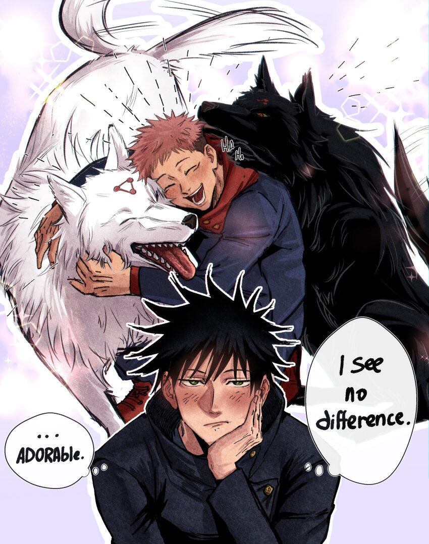 2boys, absurdres, animal, animal_hug, black_dog, black_hair, closed_eyes, closed_mouth