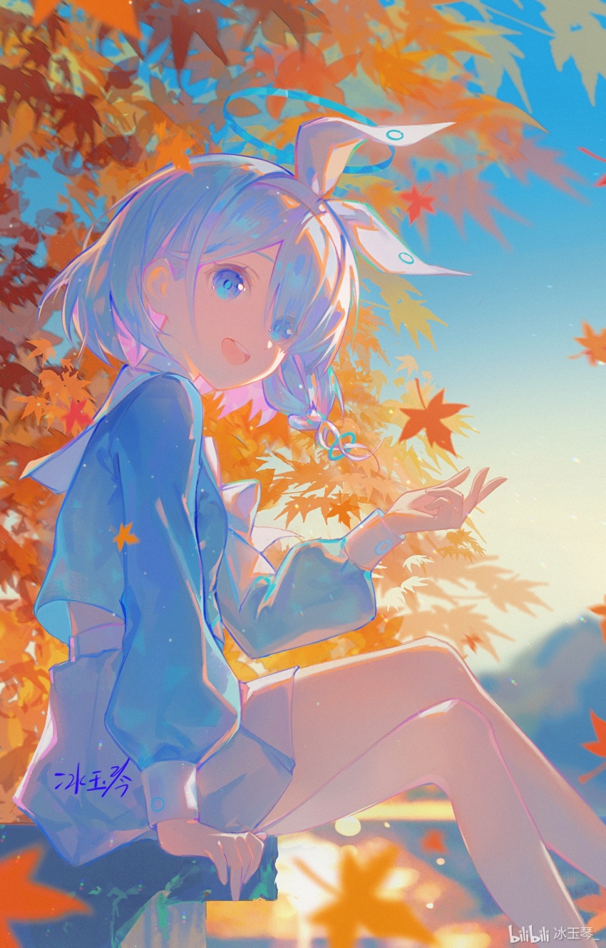 1girl, absurdres, arona_(blue_archive), autumn_leaves, bingyuqin, blue_archive, blue_eyes, blue_hair, blue_shirt, braid, colored_inner_hair, eyes_visible_through_hair, hair_over_one_eye, hairband, highres, leaf, looking_at_viewer, medium_hair, multicolored_hair, open_mouth, sailor_collar, shirt, sidelocks, single_braid, skirt, solo, two-tone_hair, white_hairband, white_sailor_collar, white_skirt