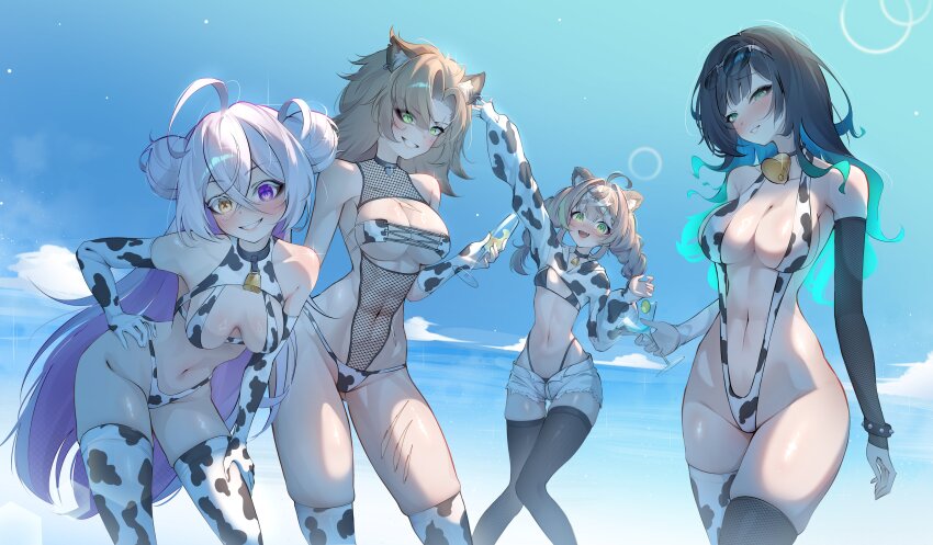 4girls, abs, absurdres, ahoge, animal_ears, animal_print, aqua_hair, asymmetrical_sleeves, bell, bikini, black_bikini, black_hair, black_thighhighs, blue_sky, blunt_bangs, blush, braid, breasts, brown_hair, cersea_soulstorm, choker, chromashift, cleavage, colored_inner_hair, commentary, commission, cow_print, cow_print_bikini, cow_print_gloves, cow_print_thighhighs, cowboy_shot, cross-laced_clothes, cross-laced_top, crossed_bangs, curtained_hair, daisy_dandelion, detached_sleeves, double-parted_bangs, double_bun, elbow_gloves, eyepatch_bikini, eyewear_on_head, fishnet_sleeves, fishnets, gloves, gradient_hair, green_eyes, grey_hair, grin, groin, hair_bun, halterneck, hand_on_own_hip, hanging_breasts, heterochromia, highleg, highleg_bikini, highres, hood, hoodie, hyena_ears, hyena_girl, kneehighs, knees_together_feet_apart, large_breasts, lazyfox, leaning_forward, lion_ears, lion_girl, lips, long_hair, long_sleeves, looking_at_viewer, medium_breasts, mismatched_sleeves, mismatched_thighhighs, multicolored_hair, multiple_girls, navel, neck_bell, open_fly, pendant_choker, print_bikini, print_gloves, print_thighhighs, purple_eyes, purple_hair, riki_poppet, rimless_eyewear, scar, scar_on_chest, scar_on_leg, scar_on_stomach, short_shorts, shorts, shrug_(clothing), sky, slingshot_swimsuit, small_breasts, smile, socks, spiked_wristband, stomach, sunglasses, swimsuit, teeth, thighhighs, twin_braids, virtual_youtuber, white_shorts, white_sleeves, yellow_eyes, yena_youngblood