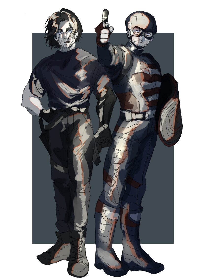 2boys, absurdres, animification, artist_request, beard, black_mask, bucky_barnes, captain_america_(series)