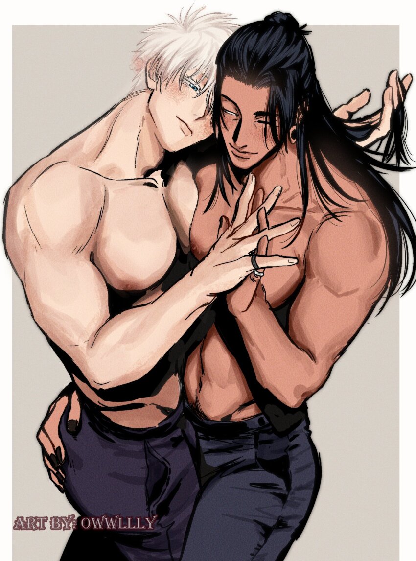 2boys, artist_name, black_hair, black_pants, blue_eyes, blush, closed_mouth, couple