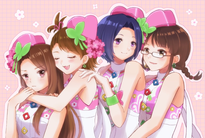 4girls, absurdres, akizuki_ritsuko, behind_another, blue_hair, blush, braid, brown_eyes