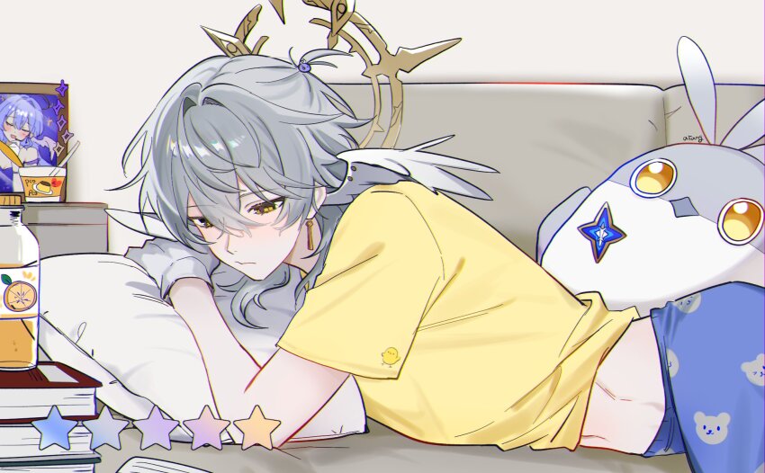 1boy, a20190422, alternate_costume, blue_pants, book, bottle, casual, closed_mouth