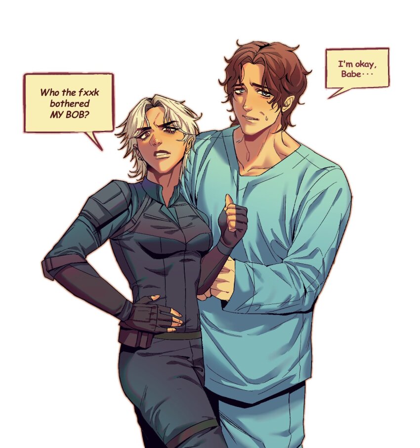 1boy, 1girl, animification, black_gloves, blonde_hair, bodysuit, brown_hair, earrings, fingerless_gloves, gloves, highres, hohoihoil, jewelry, looking_at_viewer, marvel, sentry_(marvel), short_hair, simple_background, superhero_costume, tall_male, thunderbolts_(movie), yelena_belova