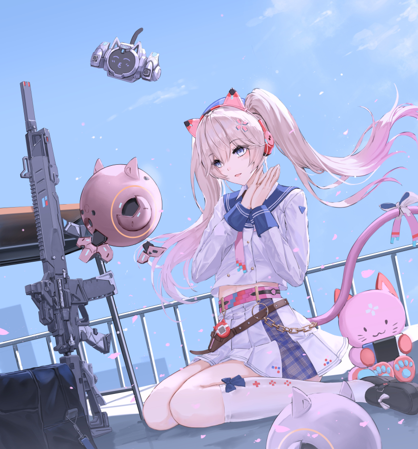 1girl, animal_ear_headphones, animal_ears, assault_rifle, bag, black_bag, black_shoes, blonde_hair