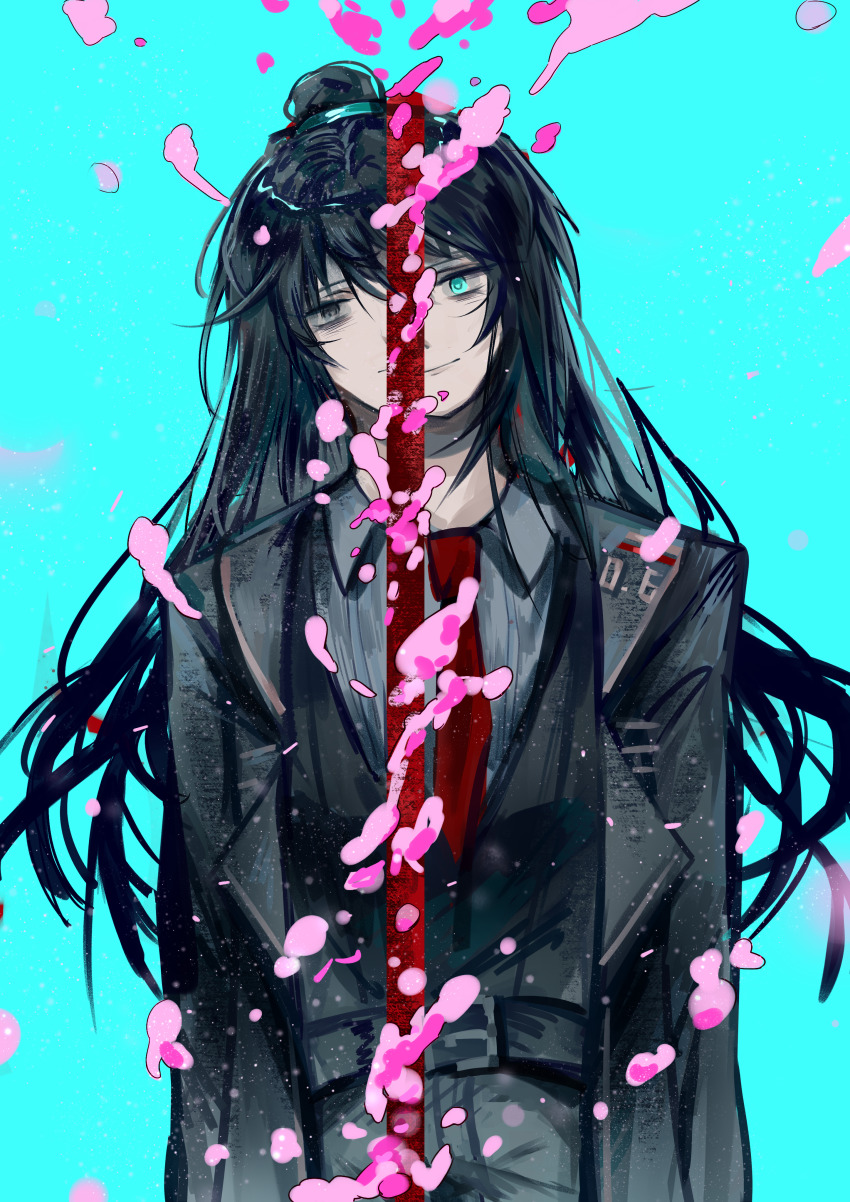 1boy, absurdres, aqua_background, aqua_eyes, bisected, black_hair, black_jacket, black_vest