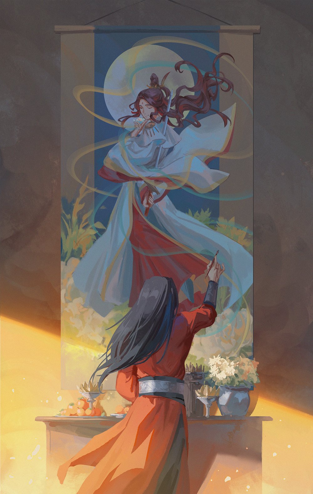 1boy, altar, aqua_shawl, arm_behind_back, art_brush, banana, belt, black_hair