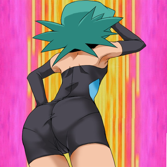 1girl, aged_down, ass, bike_shorts, green_hair, jenny_(pokemon), long_glove, looking_back