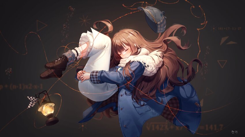 1girl, absurdres, ankle_boots, artist_name, blue_coat, boots, brown_boots, brown_hair