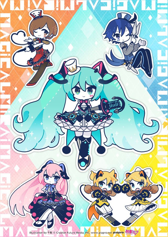 2boys, 4girls, ;), animal_ears, aqua_eyes, aqua_hair, asymmetrical_legwear, black_pants