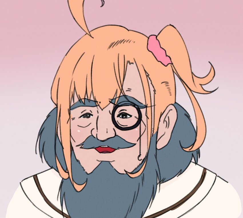 1boy, :d, ahoge, beard, chargeman_ken!, cosplay, doctor_volga, facial_hair