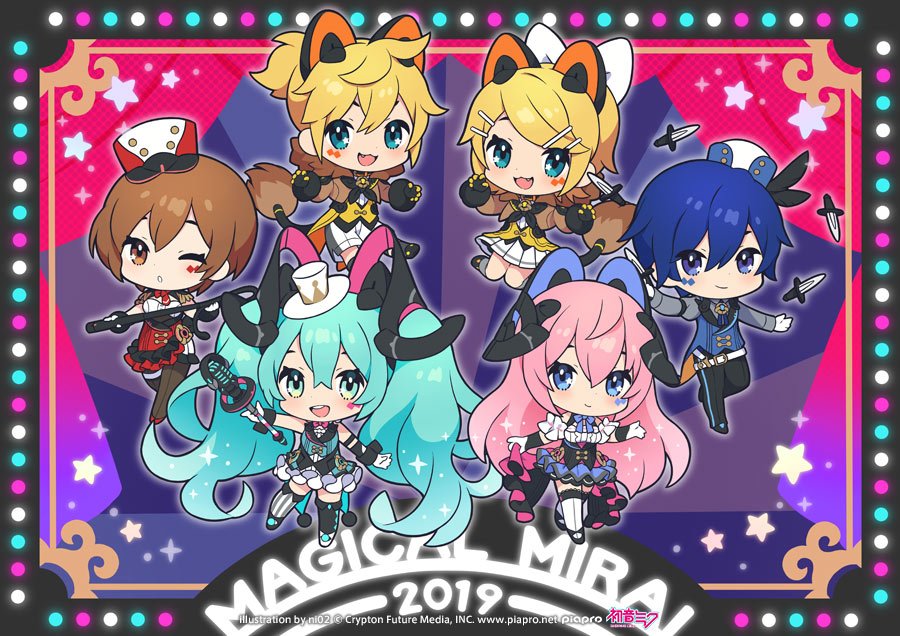 2019, 2boys, 4girls, :3, :d, animal_ears, aqua_eyes, aqua_hair