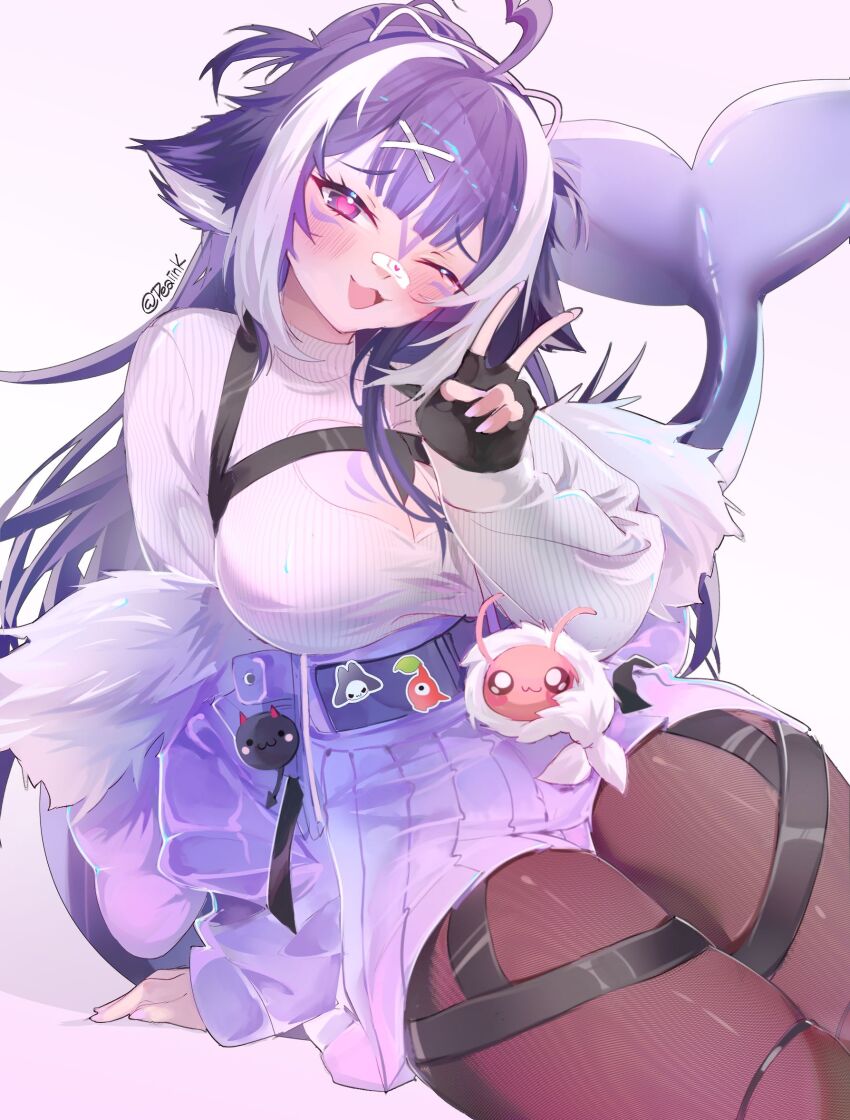 1girl, animal_ears, bandaid, bandaid_on_face, bandaid_on_nose, black_gloves, breasts, cetacean_tail, chest_harness, cleavage, clothing_cutout, fingerless_gloves, fins, fish_tail, fur-trimmed_jacket, fur_trim, gloves, harness, heart, heart-shaped_pupils, heart_cutout, highres, iinkpea, indie_virtual_youtuber, jacket, large_breasts, long_hair, long_sleeves, multicolored_hair, open_mouth, orca_girl, pantyhose, pink_pupils, pleated_skirt, purple_eyes, purple_hair, purple_jacket, purple_skirt, shylily, skirt, smile, solo, streaked_hair, symbol-shaped_pupils, tail, twitter_username, v, virtual_youtuber, white_hair