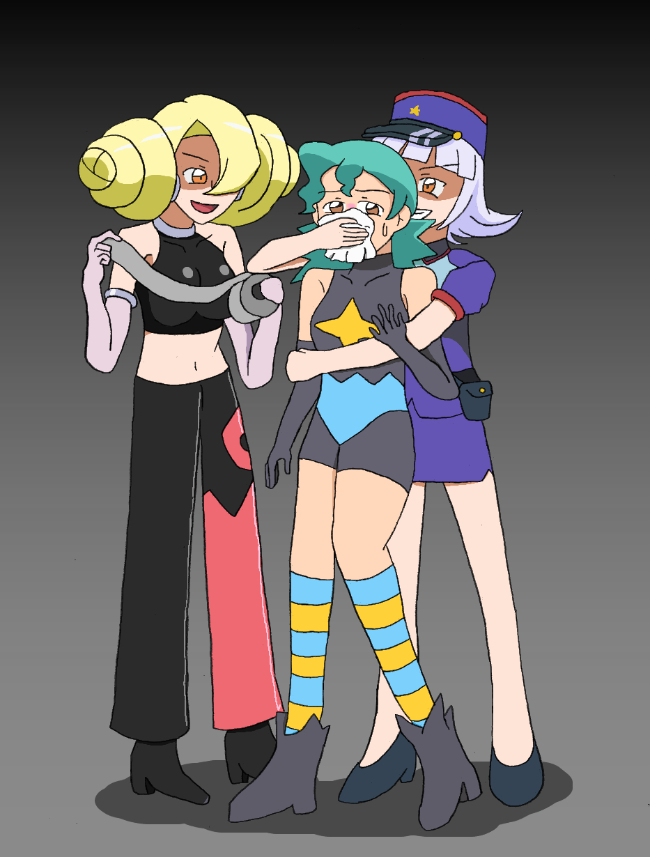 3girls, aged_down, annie_(pokemon), armpits, bare_shoulders, blonde_hair, chloroform, cosplay