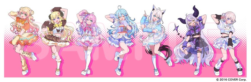 6+girls, ahoge, alternate_costume, animal_ears, ankle_cuffs, arm_up, arm_warmers, belt