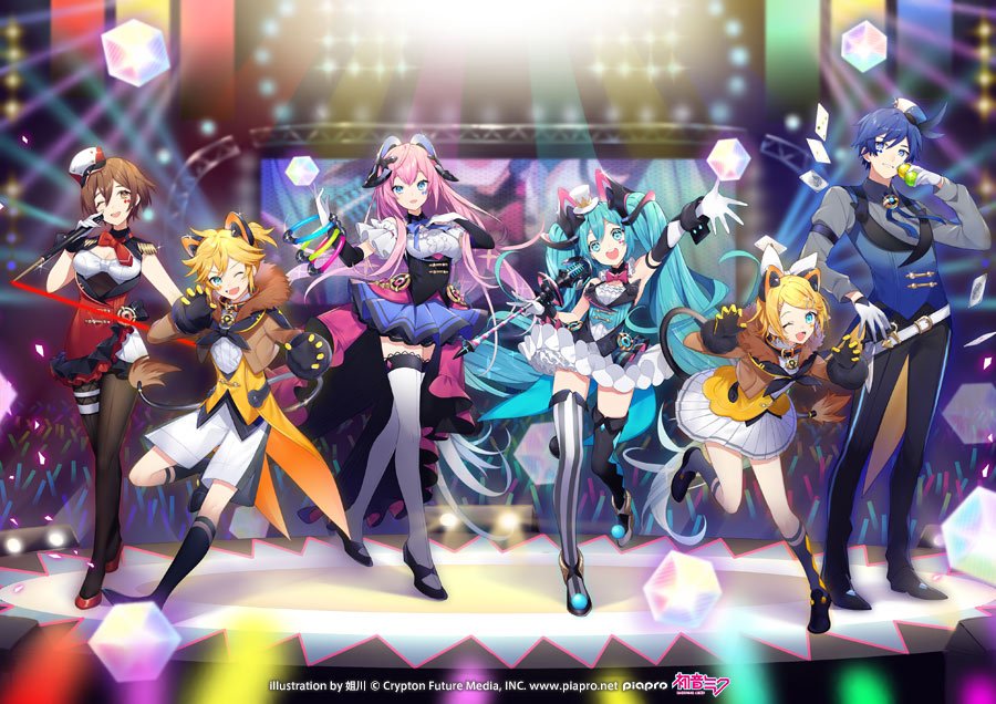 2boys, 4girls, ;d, animal_ears, aqua_eyes, aqua_hair, artist_name, asymmetrical_footwear